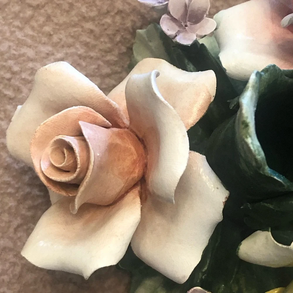 Vintage Capodimonte Yellow Rose Floral Accent with Green Leaves Candleholder